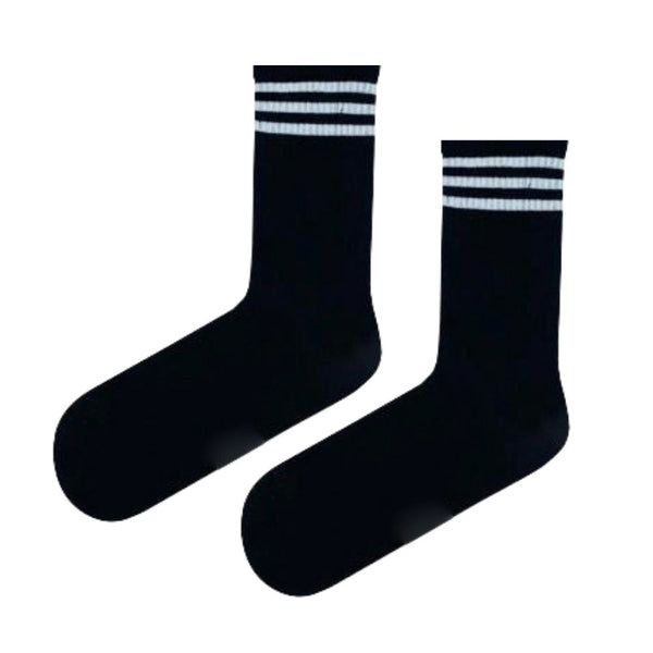 Classic Black Crew Socks with White Stripes