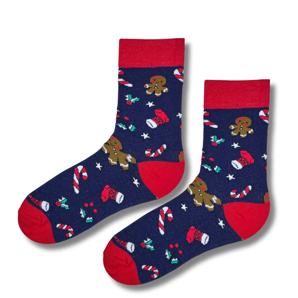 Navy Gingerbread & Candy Cane Christmas Socks