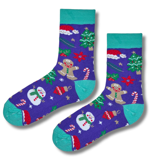 Purple Christmas Gingerbread & Snowman Socks