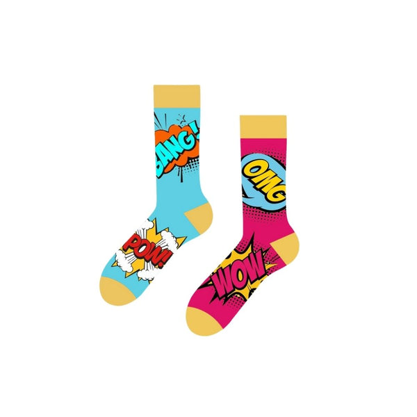 BANG! POW! WOW! Mismatched Socks Featuring mismatched designs with fun expressions like OMG, WOW, and POW in bright comic book style,
