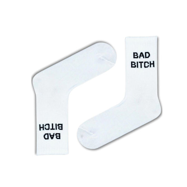 Bad Bitch" White Tennis Socks. Made from breathable Egyptian cotton, these unisex socks fit EU sizes 35 to 45 and deliver comfort with bold attitude.