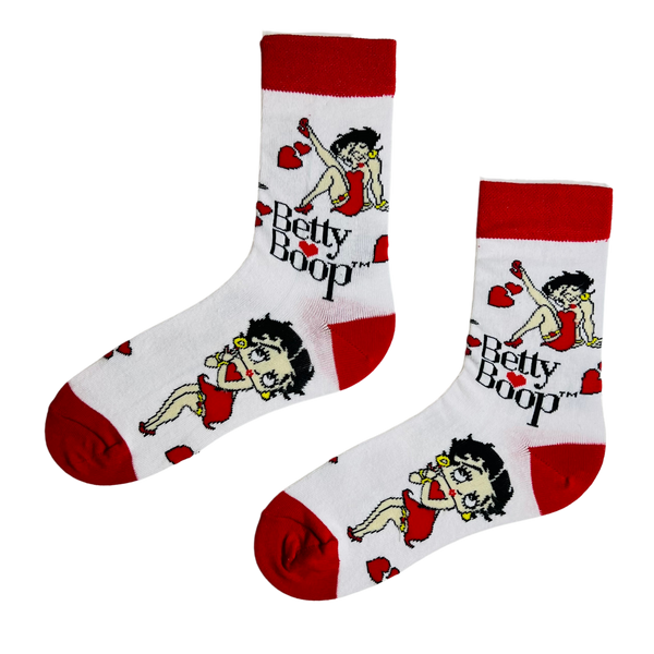 Betty Boop Cartoon Socks. Featuring the iconic animated diva in bold red and white, these socks are a fun tribute