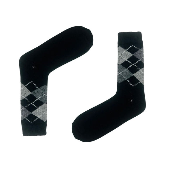 Black Argyle Pattern Crew Wool Socks. Designed with a traditional grey and black diamond pattern,