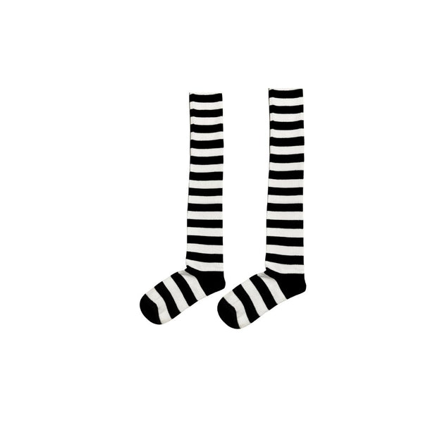 Black & White Striped Over-the-Knee Socks. These high-fashion, unisex socks add a playful twist to any outfit—perfect for costumes, streetwear, or cozy winter looks