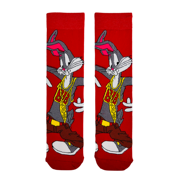 Bugs Bunny Hip-Hop Style Socks! Featuring the iconic bunny dressed in a gold chain and sneakers on a bold red background