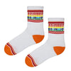 California Sunset Socks! Featuring a retro rainbow color scheme and bold "California" text repeated up the calf, these socks bring the warmth of the Golden State to your feet.
