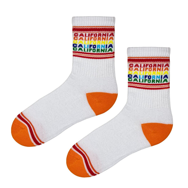 California Sunset Socks! Featuring a retro rainbow color scheme and bold "California" text repeated up the calf, these socks bring the warmth of the Golden State to your feet.