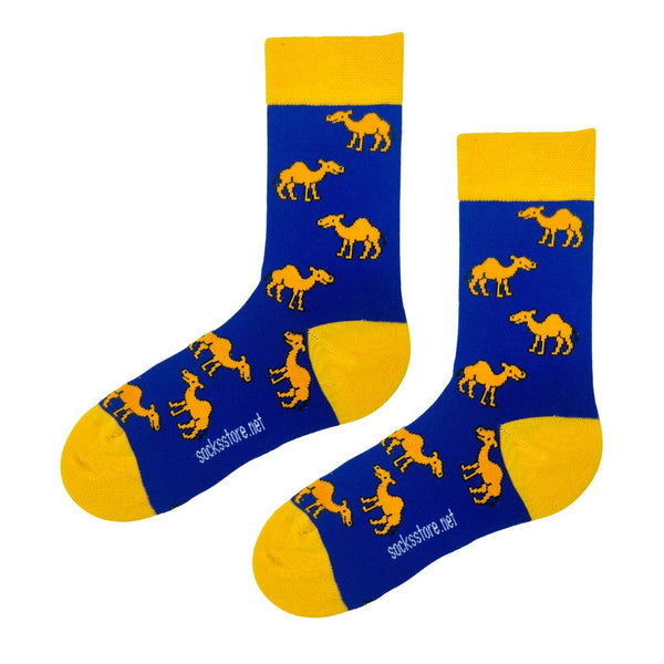 Camel Desert Purple Socks feature playful yellow camels on a bold royal blue base, finished with vibrant yellow cuffs, heels, and toes