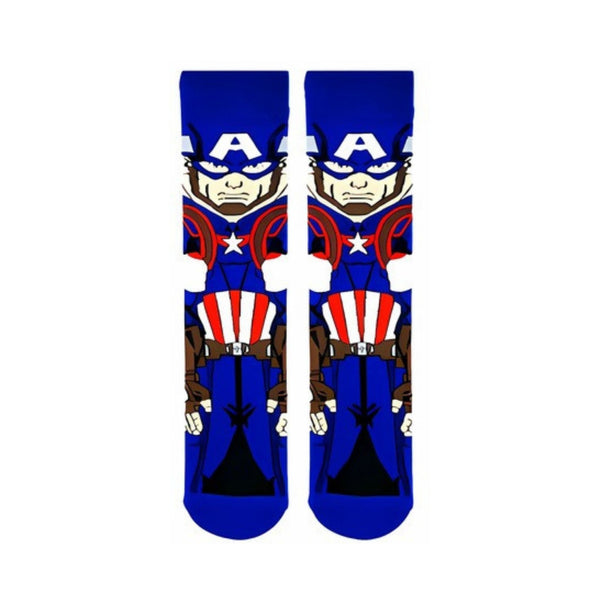 Captain America Superhero Crew Socks. Featuring the iconic red, white, and blue design with shield detail,