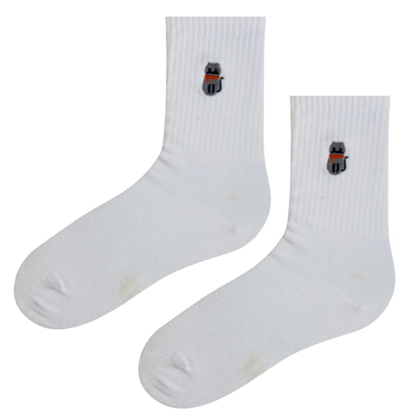 Cat Patch White Socks. Designed with a clean white base and a subtle embroidered black cat wearing sunglasses,