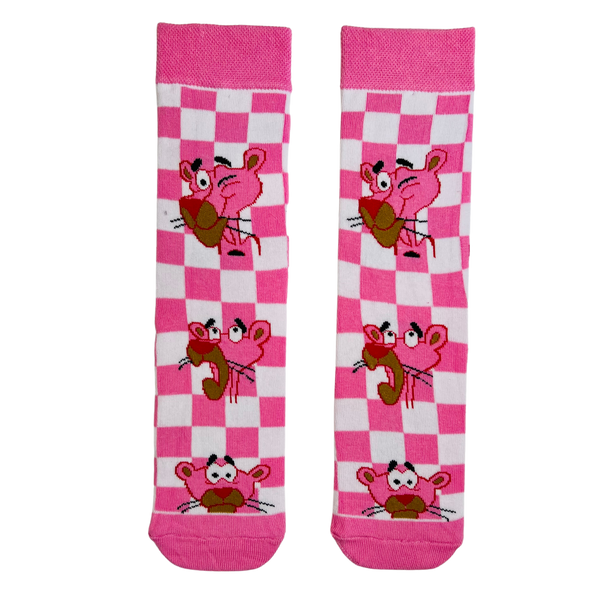 Checked Pink Panther Socks! Featuring a playful pink-and-white checkered pattern and the iconic Pink Panther expressions