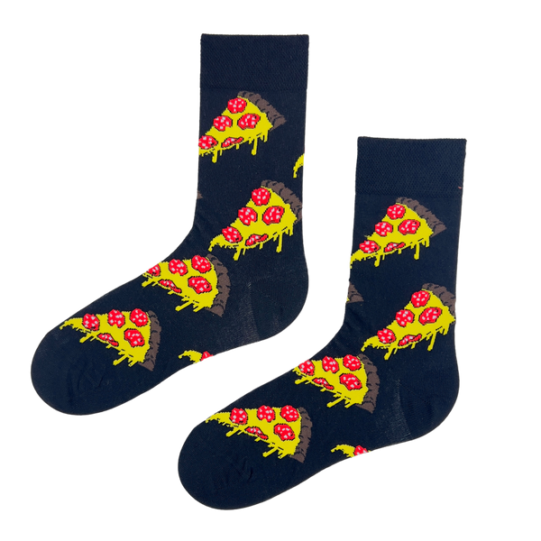 Cheesy Pizza Slice Socks! These black crew socks feature a playful design of melting pepperoni pizza slices that are perfect for foodies