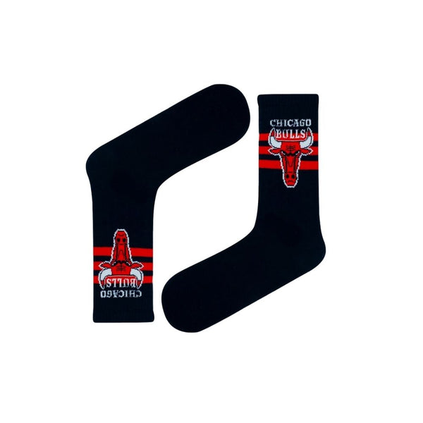 Chicago Bulls Crew Socks! Featuring the iconic Bulls logo and vibrant red-and-black stripes,