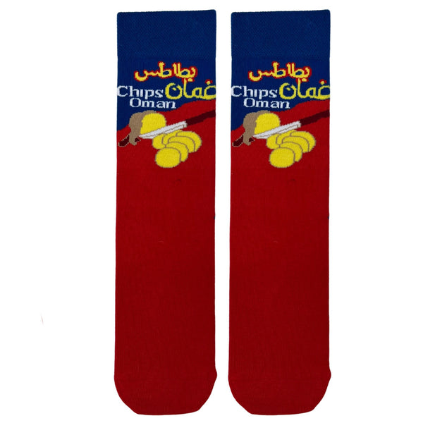 Chips Oman with these bold and playful red crew socks! Featuring the famous Arabic snack design