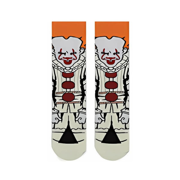 Clown Socks – designed for horror lovers who dare to stand out. Featuring a creepy clown design with vivid orange, red, and black details, these socks scream Halloween all year long.