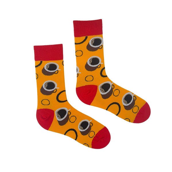 Coffee Cup Patterned Socks! Perfect for caffeine lovers, these bright orange socks with red accents feature charming coffee cup illustrations that bring cozy vibes to your step