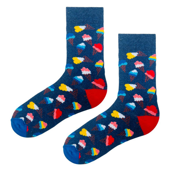 Colorful Ice Cream Cone Socks! Designed with cheerful cone patterns on a denim-blue background and playful mismatched heel and toe colors.