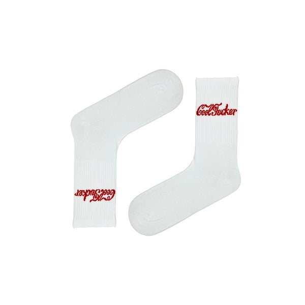 Cool F*cker" socks. Featuring a red vintage script on crisp white fabric, these breathable crew socks