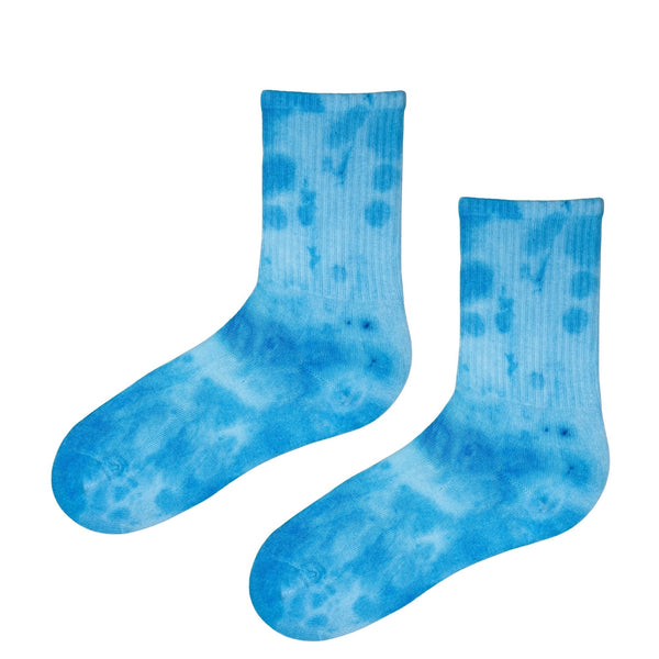 Cotton Candy Sky Tie-Dye Crew Socks bring a dreamy blend of sky blue and blush pink to your wardrobe.