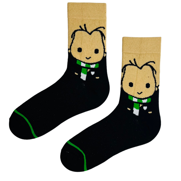 Draco Malfoy Wizard Socks – perfect for fans of the cunning and ambitious Slytherin house! Featuring a cute cartoon-style Draco design in his iconic black robe and green scarf,