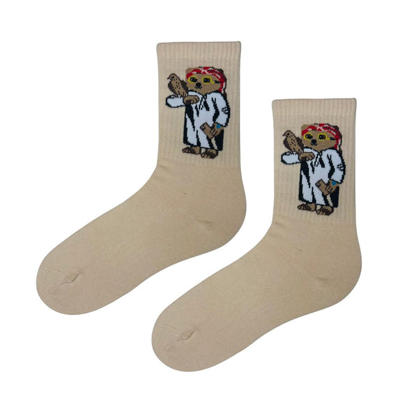 Falcon Trainer Khaleeji Socks. Featuring a charming cartoon of a Gulf man in traditional attire holding a falcon, these beige socks