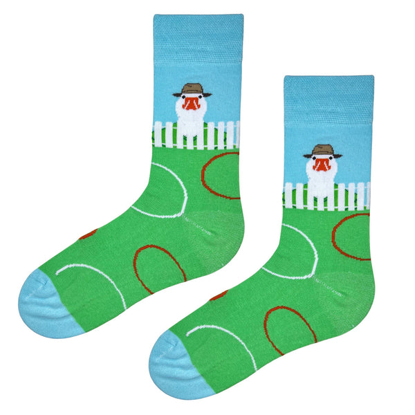 Farmer Goose Socks. Featuring a charming goose in a hat standing behind a white fence,
