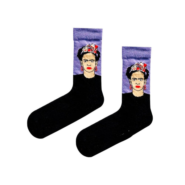Frida Kahlo Socks. Featuring a vibrant portrait of the iconic Mexican artist, these socks are a tribute to art lovers and fearless self-expression.