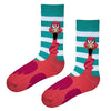 Featuring a quirky flamingo design with bold pink, red, and orange details against playful teal and white stripes, these socks are guaranteed to turn heads