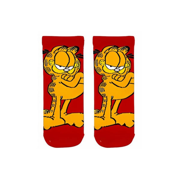 Garfield kids socks! Designed with the classic grumpy Garfield expression on a bright red base,