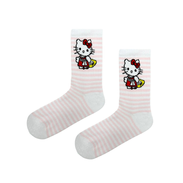 Hello Kitty embroidered socks. Featuring soft pink stripes and a detailed red-dress Hello Kitty design,