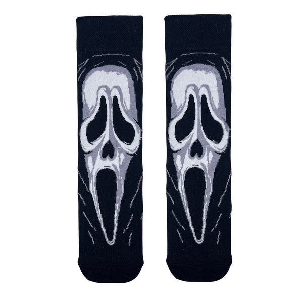 host Face Horror Socks — the perfect statement piece for Halloween or horror lovers year-round. Designed with the iconic screaming face in shades of white and gray on black,