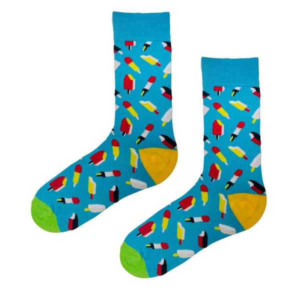 Ice Pop colorful Socks! Bursting with red, yellow, and white ice pop designs on a bright blue base