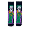 Joker Cartoon Socks. Featuring the Clown Prince of Crime in his classic purple suit, green hair, and sinister grin, these socks are a must-have for DC Comics fans.