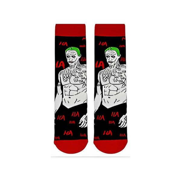Joker Face Tattoo Socks, inspired by the iconic villain's inked look. Featuring a striking green hair and tattoo-covered design with "HA" symbols across the background