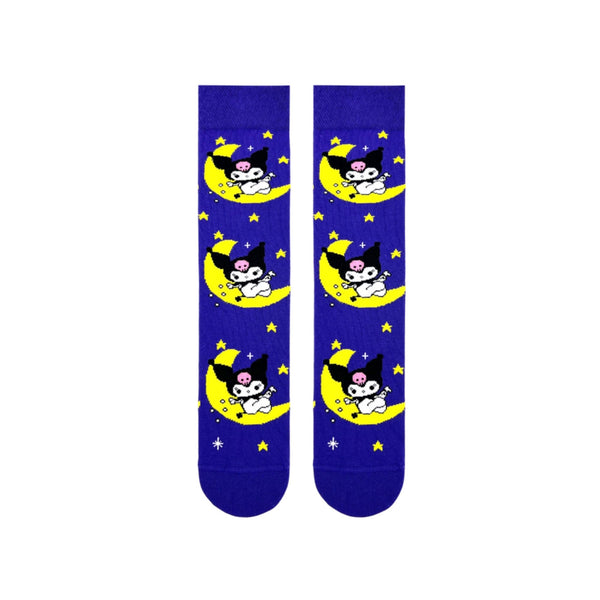 Kuromi on the Moon Socks. Featuring the cheeky Kuromi character resting on a crescent moon surrounded by twinkling stars, these purple crew socks