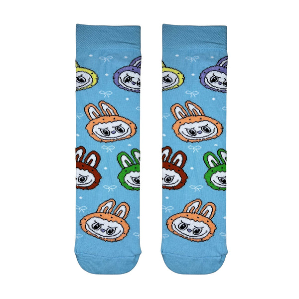 Labubu Face Patterned Socks 💙🧦Featuring colorful Labubu faces in orange, green, purple, yellow, and brown — all set against a soft light blue background