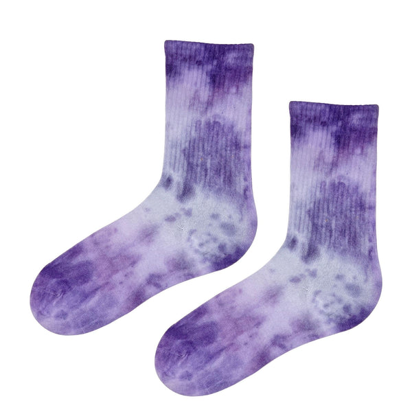 Lavender Swirl Tie-Dye Crew Socks — a dreamy mix of purple hues and artistic patterns that bring color and comfort to your outfit.