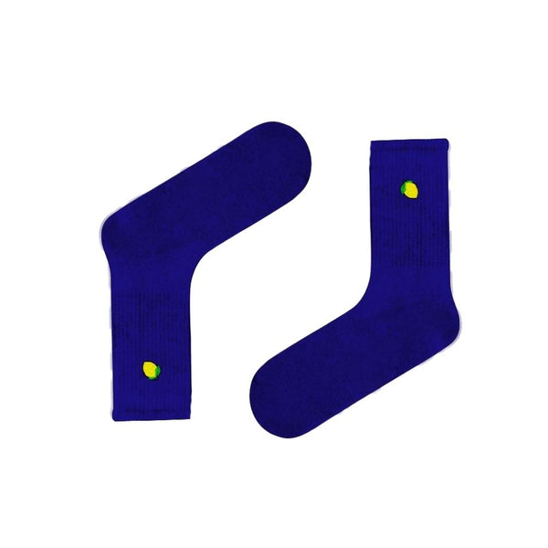 Lemon Embroidered Socks in deep navy blue. These unisex, breathable socks feature a tiny embroidered lemon for a playful, citrusy vibe