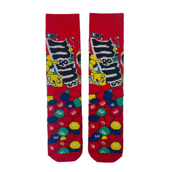 M&M’s Red Candy Crew Socks! Designed for candy lovers and nostalgic souls, these vibrant socks feature the iconic M&M’s characters and colorful candy print.