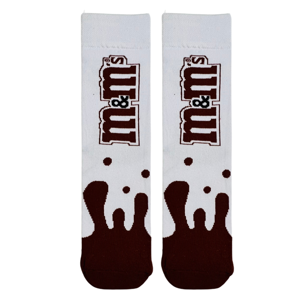 M&M’s Chocolate Drip White Socks! Featuring a bold drip design and the iconic M&M’s logo, these socks are perfect for candy lovers and statement-makers.