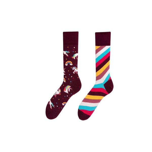 Magical Unicorn & Rainbow Striped Socks. One sock features playful unicorns, rainbows, and stars on a deep maroon background
