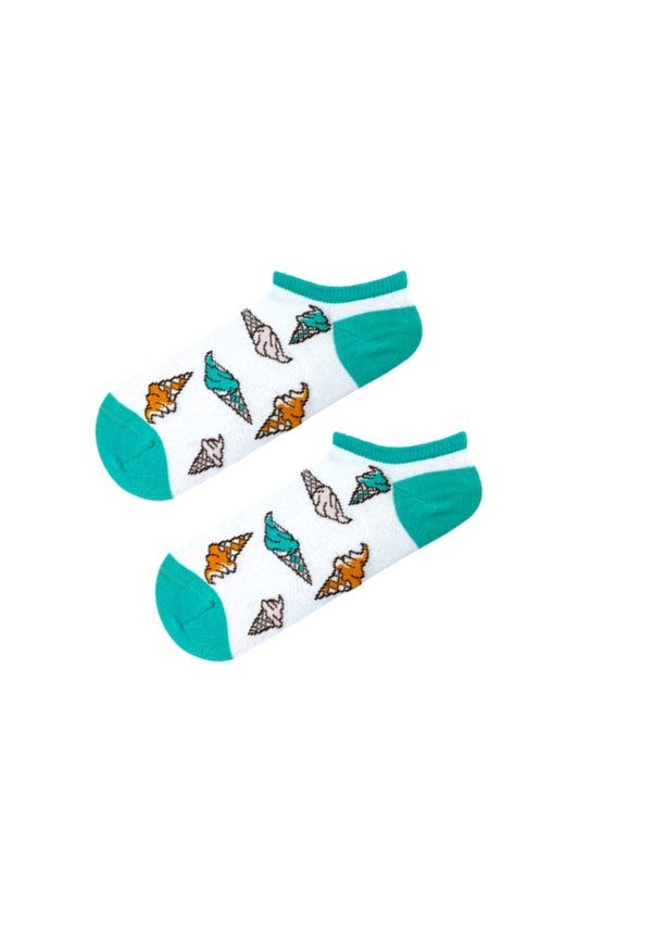 Mini Ice Cream Cone Low-Cut Socks! Designed with playful multicolor ice cream cones on a crisp white background