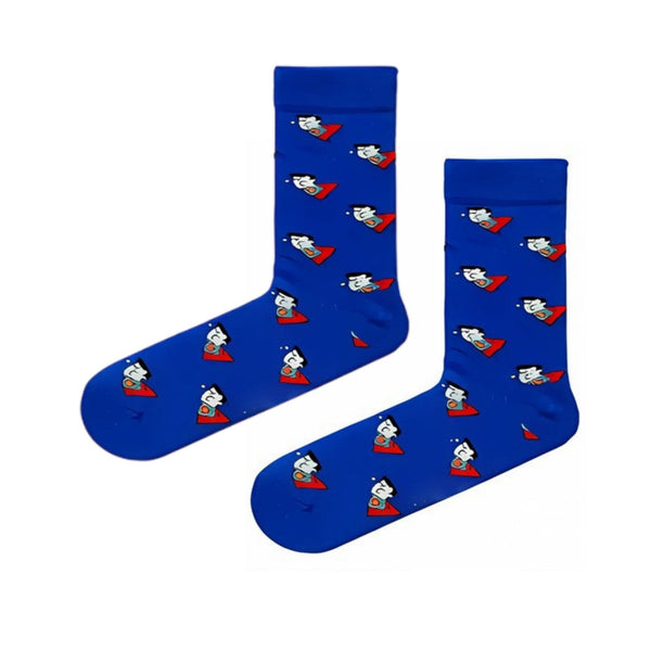 Mini Superman Patterned Socks. Featuring a fun, repeat pattern of Superman in his classic flying pose on a royal blue background