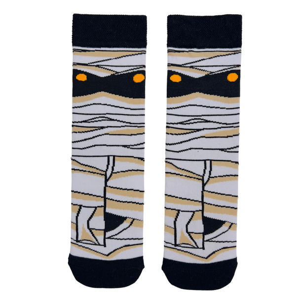 Mummy Face Socks, featuring a fun bandage wrap design with glowing orange eyes. Perfect for Halloween or any day you feel like unleashing your inner monster