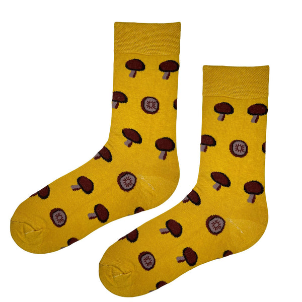 mushroom pattern on a bold yellow background, these socks are perfect for foodies, nature lovers,