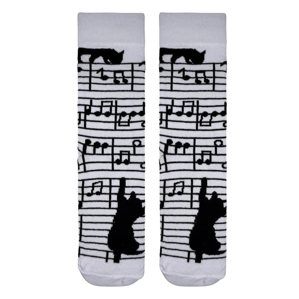 Musical Cat Socks. Designed in black and white with playful music notes and cat silhouettes climbing the staff, these socks are the perfect mix of fun and stylish.