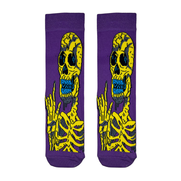 Neon Skeleton Halloween Socks. Designed with bold yellow skeleton graphics on a vivid purple base, they’re the perfect blend of creepy and cool.