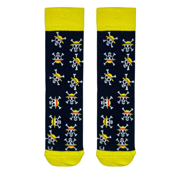 One Piece Jolly Roger Pirate Socks. Designed with the iconic skull-and-crossbones pattern wearing a straw hat, these socks are perfect for anime fans and collectors.