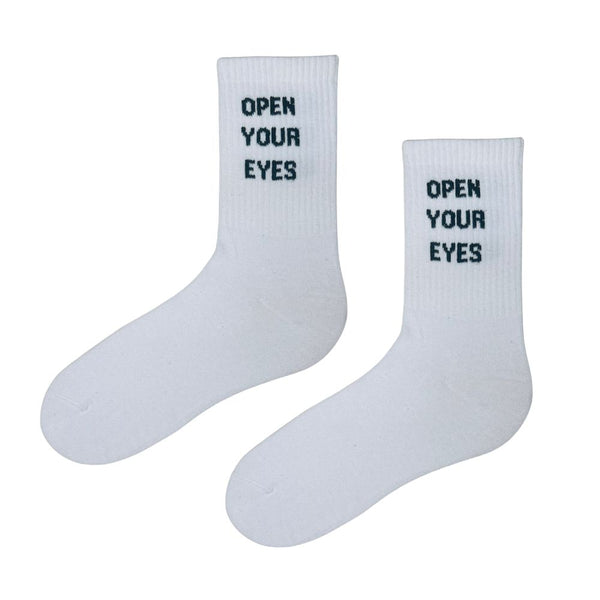 Open Your Eyes Socks. Clean, minimal, and direct, these white crew socks