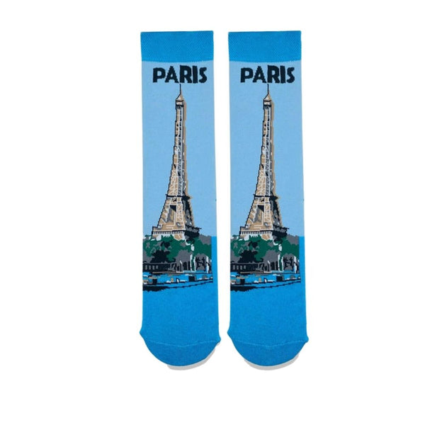 Paris with our Eiffel Tower Socks – a bold tribute to the City of Lights. These vibrant blue crew socks feature a detailed illustration of the Eiffel Tower and are perfect for travel lovers and dreamers alike.